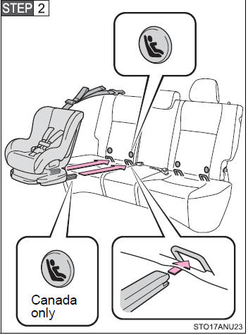 Latch the buckles onto the LATCH anchors. If the child restraint has a top tether