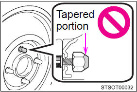 ●Be sure to install the wheel nuts with the tapered end facing inward. Installing