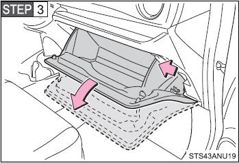 Press the outer facing side of the glove box to disconnect the upper claws.
