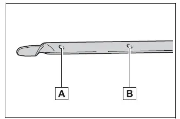 Engine oil dipstick with low-level and refill upper-limit marks