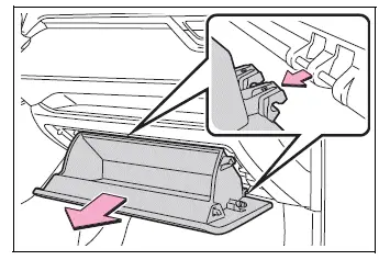 Glove box lifted and pulled toward the seat for removal