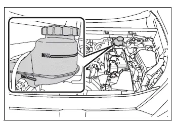 Brake fluid reservoir showing MAX and MIN level lines