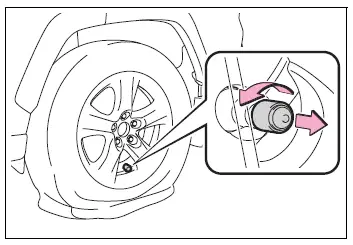 Valve cap being removed from the punctured tire valve stem