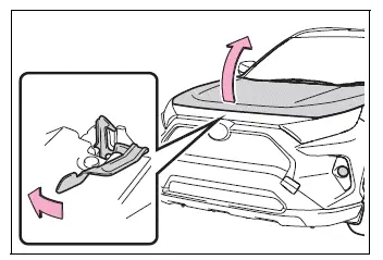 Auxiliary hood catch lever under the front edge of the hood