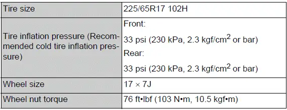 Type F 17-inch tire size, pressure, and wheel specifications