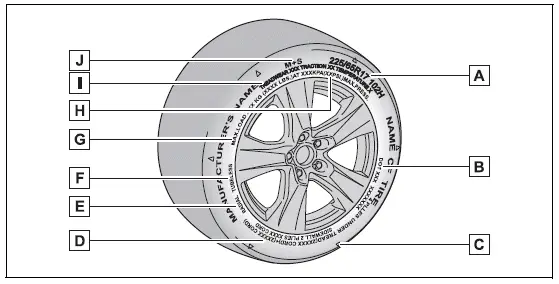 Typical symbols and identification markings on a full-size tire sidewall