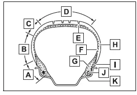 Cross-section diagram identifying the main structural parts of a tire