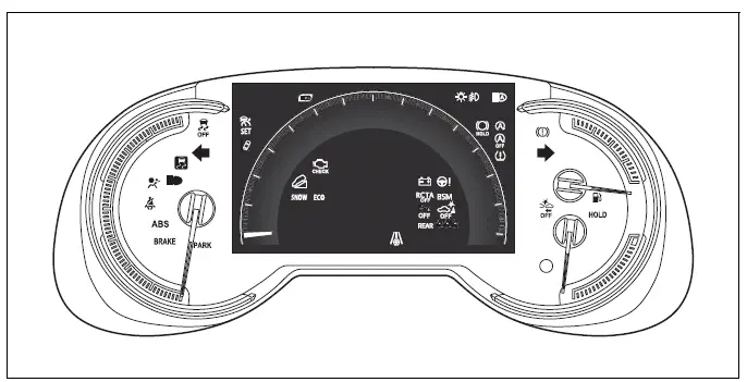 Toyota RAV4 instrument cluster with analog speedometer and illuminated warning indicators