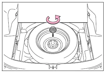 Center fastener being loosened to release the spare tire