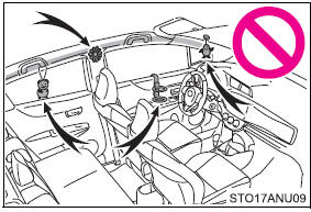 ●Do not attach anything to areas such as a door, windshield glass, side door