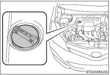 If the oil level is below or near the low level mark, add engine oil of the same