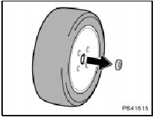 1. Aluminum wheels—Before stowing the flat tire, remove the center wheel ornament