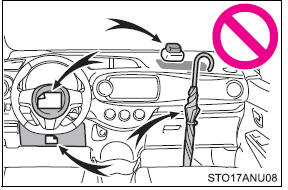 ●Do not attach anything to or lean anything against areas such as the dashboard,