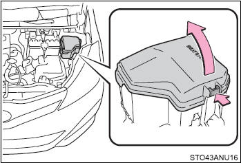 Push the tab in and lift the lid off.