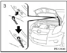 3. Hold the hood open by inserting the support rod into the slot.